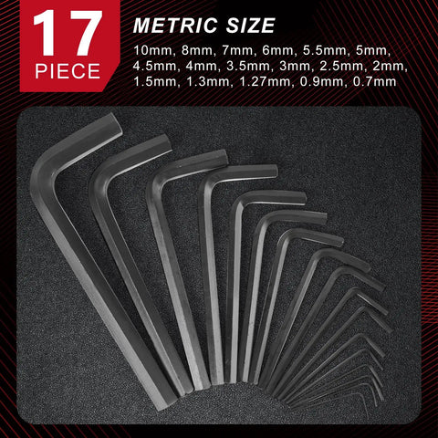 35 Piece Allen Wrench Set With Metric And Standard Hex Keys, Chrome Vanadium Steel, Black Oxide Finish, Durable Heavy Duty Tool Kit For Mechanical, Automotive, And Home Projects, Includes 0.7mm Through 10mm And 0.028 Inch Through Three Eighths Inch Sizes. 17-piece metric hex keys arranged on case