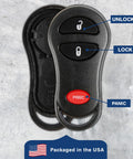 Beefed Up Key Fob Cover Replacement Case For 1999 2000 2001 2002 2003 2004 2005 Chrysler Caravan Dodge Ram Jeep Cherokee Remote Shell 3 Button GQ43VT17T GQ43VT9T No Programming Required showing unlock, lock, panic buttons