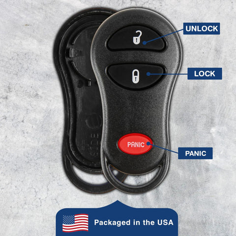 Beefed Up Key Fob Cover Replacement Case For 1999 2000 2001 2002 2003 2004 2005 Chrysler Caravan Dodge Ram Jeep Cherokee Remote Shell 3 Button GQ43VT17T GQ43VT9T No Programming Required showing unlock, lock, panic buttons
