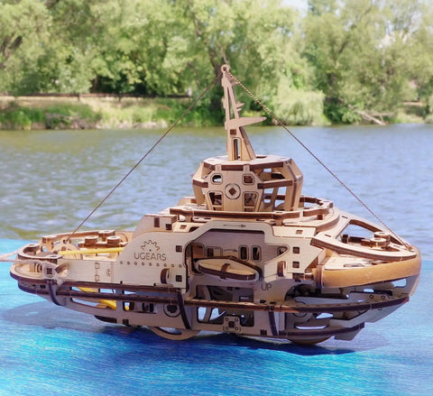 Rubber Band Powered Tugboat Model Kit 3D Wooden DIY Self Assembly Brainteaser With Mechanical Gears And Pendulum Motion For Curious Builders And Creative DIY Enthusiasts, wooden tugboat on water