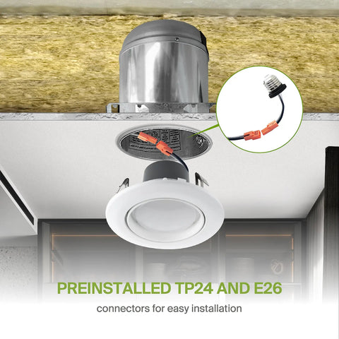 4 Inch Gimbal LED Recessed Light Kit White Trim 10W 860LM Adjustable CCT 2700K 3000K 3500K 4000K 5000K Dimmable Rotating Eyeball Directional Downlight UL Listed 6 Pack with preinstalled TP24 and E26 connectors
