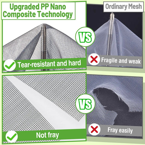 Comparison of Stronger Garden Mesh Netting For Outdoor Plants And Veggies 10 X 12 Ft Black PP Nanocomposite Bird Barrier to ordinary mesh.