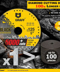 5 Inch Diamond Cut Off Wheel For Angle Grinder Pro Grade Long Life Metal Cutting Disc Dry Cut Heavy Duty For Steel Rebar Iron Aluminum Pipes And Sheet Metal Over 5000 Cuts displayed on a rocky background with specs.
