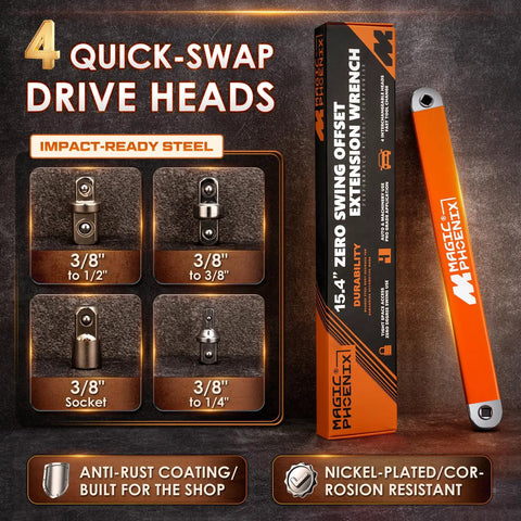 Offset Extension Wrench With Zero-Degree Swing For Tight Spaces, 15.4 Inch Reach, 3/8 Inch Drive with quick-swap drive heads