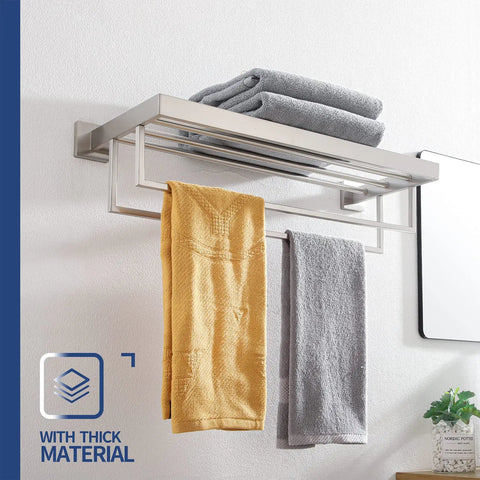 24 Inch Double Towel Rack And Shelves In Brushed Nickel Stainless Steel Wall Mount With Rustproof SUS304 Two Bars Bath Organizer