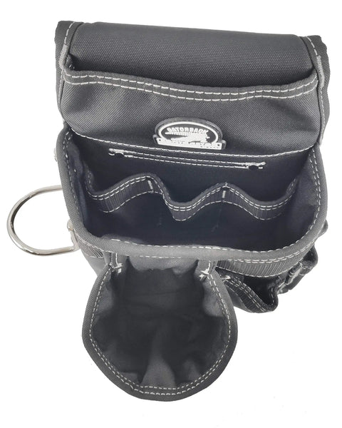 Interior view of Carpenters Triple Combo Belt With Pro Comfort Back Support, showing black boxed pouch design with white stitching.