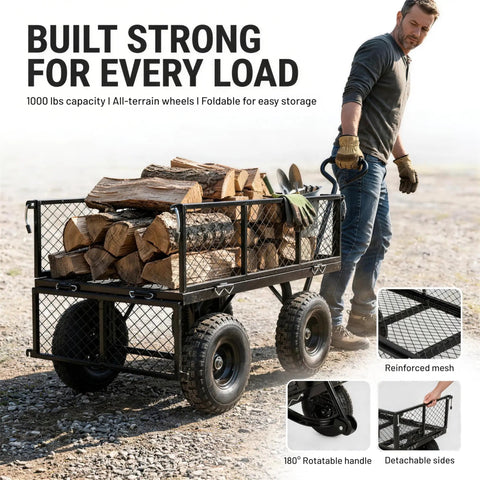 Heavy Duty 1000 Lbs Capacity Mesh Steel Garden Cart Pullable Wagon On Wheels with log load on rocky terrain