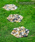 6 Pack Natural River Rock Hexagon Stepping Stones For Garden Pathway Mats With Non Slip Mesh Backing placed on grass
