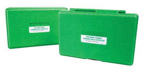 Greenlee 648 Quick Change Carbide Hole Saw Set For 1/2 To 2 Inch Conduit storage case with labels for carbide cutting kits.