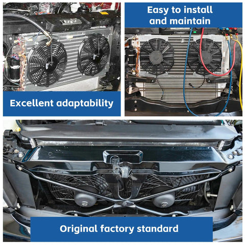 Direct Swap Radiator Cooling Fan Real Deal Fix Compatible With Vw Jetta Passat Gti Cc Golf Beetle Tt 18 Liter 19 Liter Engine Oem Replacement Cooling Blade Assembly with dual black fans in vehicle engine bay.