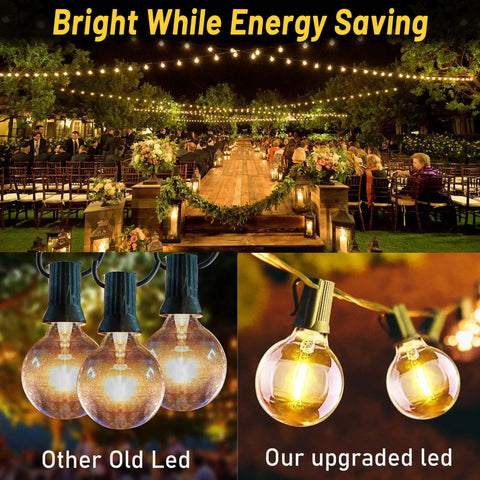 Lit 196ft Outdoor Globe LED String Lights Warm White Shatterproof Bulbs Waterproof for Party setup and bulb comparison.