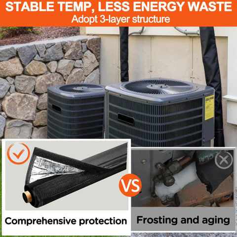 Two outdoor HVAC units with Three Layer AC Line Insulation Cover For Outdoor Pipes 72x10.2 Inches Freeze Proof Canvas.