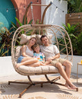 Double Hanging Egg Chair With Stand For Patio Or Balcony Oversized Two Person Outdoor Swing With Thick Cushions