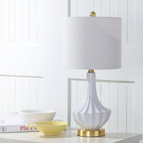 Dope White Ceramic Gold Ribbed Gourd Table Lamp 21.5 Inches With White Linen Shade on bedside table, LED Bulb Included