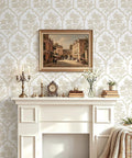 Beige Floral Peel And Stick Wallpaper With Delicate Arched Accents in a cozy room setting with a fireplace and decorative items.