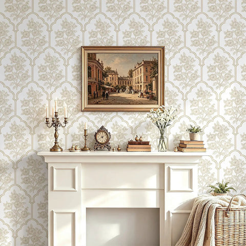Beige Floral Peel And Stick Wallpaper With Delicate Arched Accents in a cozy room setting with a fireplace and decorative items.
