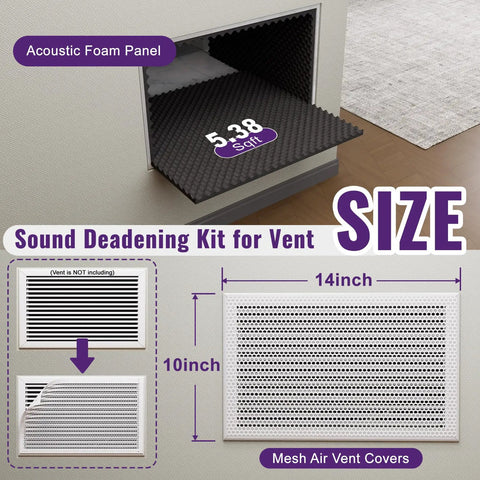 Acoustic Foam Sound Deadening Kit For Hvac Vents With Self Adhesive Mesh Covers And 5 38 Sq Ft High Density Egg Crate Pads, featuring panel size and vent covers.