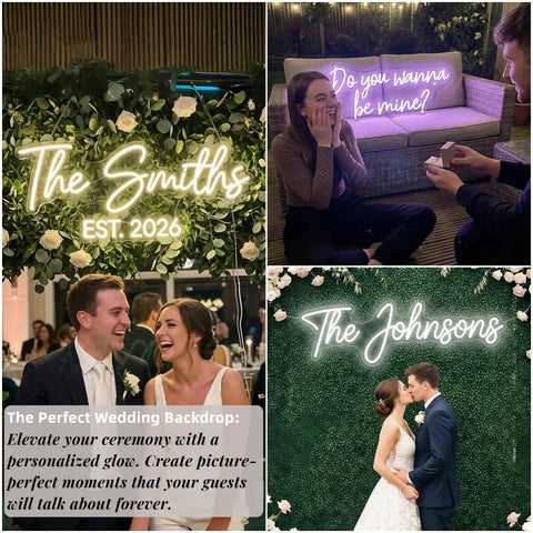 Personalized Neon Sign For Weddings And Events Dope Custom LED Light Sign With Your Name Or Logo For Bars Salons Offices And Lounges In 16 To 60 Inches Ready To Impress, featuring 'The Smiths' and 'The Johnsons' in event settings.