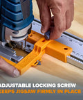 Clamp Edge Jigsaw Guide For Straight Cuts And Steady Tracking, Fits Most Jigsaws, Easy To Attach To Your Jigsaw For Smooth, Precise Cuts Every Time - adjustable locking screw being used on workbench.