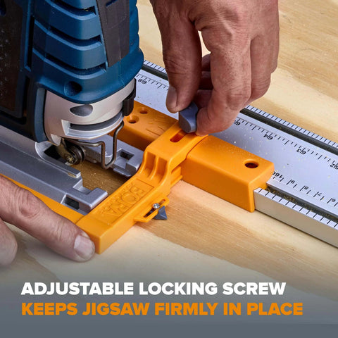 Clamp Edge Jigsaw Guide For Straight Cuts And Steady Tracking, Fits Most Jigsaws, Easy To Attach To Your Jigsaw For Smooth, Precise Cuts Every Time - adjustable locking screw being used on workbench.