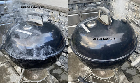 Big Green Egg gasket replacement, FireBlack 125 Nomex self-stick LG/XL, before and after installation.