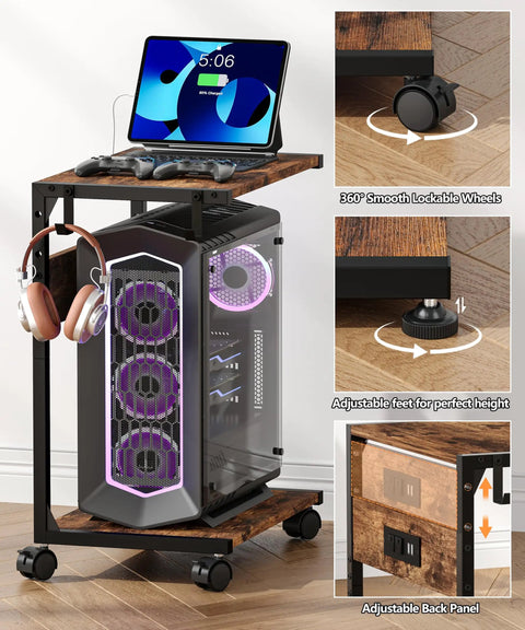 Two Tier Computer Tower Stand With Charging Station, Rolling Under Desk CPU Holder Cart For Home Office with PC and tablet