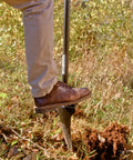 User using Heavy Duty All Steel Long Handle Garden Shovel For Digging And Landscaping Built To Last With Rugged Blade And Comfortable Grip
