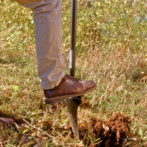 User using Heavy Duty All Steel Long Handle Garden Shovel For Digging And Landscaping Built To Last With Rugged Blade And Comfortable Grip
