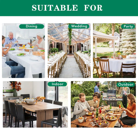 54x54 Inch Sage Square Tablecloth, Linen Like, Water Resistant And Washable, shown in various dining and event settings