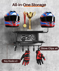 2-Tier Motorcycle Helmet Wall Mount Rack With Hat Stands displaying helmets, gloves, and miniature bike in garage setup.
