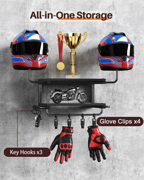 2-Tier Motorcycle Helmet Wall Mount Rack With Hat Stands displaying helmets, gloves, and miniature bike in garage setup.