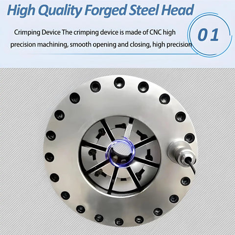 Close-up of the high-quality forged steel head of the Badass Electric Hydraulic Hose Crimper, showcasing its precision design.