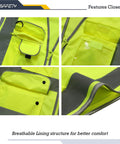 Features close-up of Worksite Ready Class 2 High Visibility Safety Vest With Zipper Front And 9 Pockets Neon Yellow Reflective Strips.