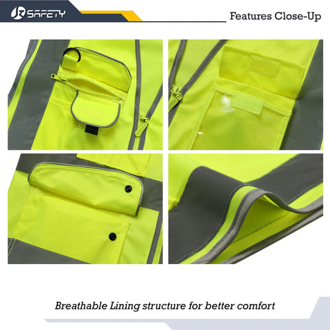 Features close-up of Worksite Ready Class 2 High Visibility Safety Vest With Zipper Front And 9 Pockets Neon Yellow Reflective Strips.