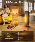 Indoor And Outdoor 1500W Tower Heater And Fan Combo with remote, black, 120-degree oscillation, shown in living room use.