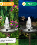 Bird Bath Fountain Kit With 12 LED Lights And A 24 Hour Submersible Pump With Light in garden, day and night view