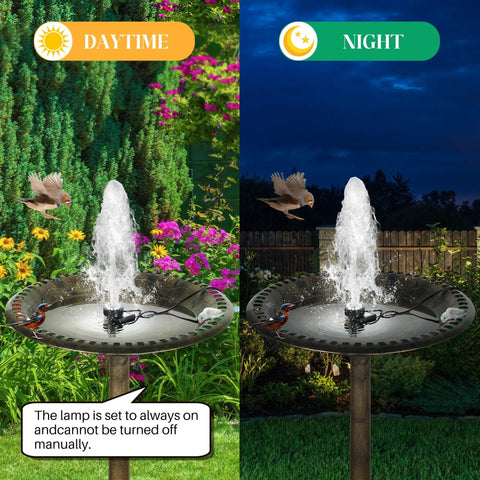 Bird Bath Fountain Kit With 12 LED Lights And A 24 Hour Submersible Pump With Light in garden, day and night view