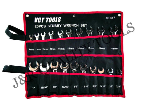 20 Piece Short Length End Stubby Wrench Set With SAE And Metric Sizes in a rolled-up fabric case showing SAE and metric wrenches.