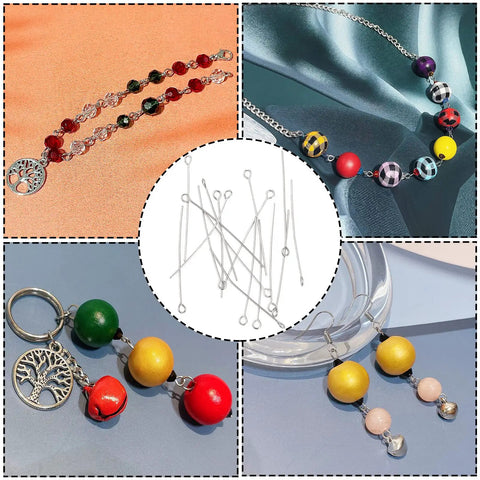 Open Eye Pins for Jewelry Making 304 Stainless Steel 24 Gauge 0.6x20mm Silver 600 Pcs Box Great for Beading Earrings Necklaces Bracelets Dangles Charms and DIY Findings showing finished beaded jewelry