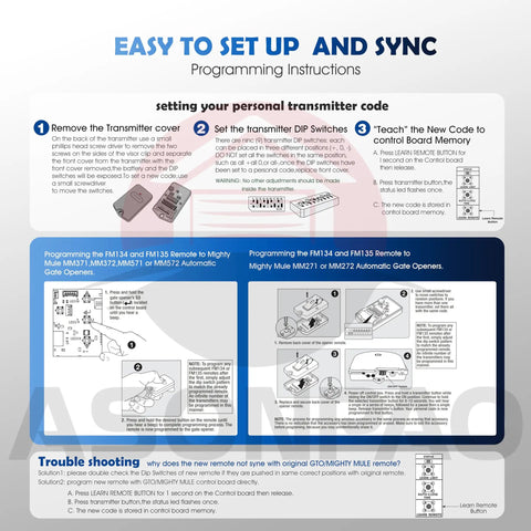 Programming instructions for Three Pack Gate Opener Remote For GTO Pro Access And Linear Systems FM135 RB741 MMT103 318MHz.