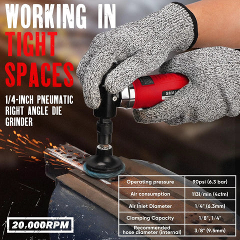 Shall red 90-degree pneumatic die grinder with 1/4- and 1/8-in collets, for grinding, polishing, deburring.