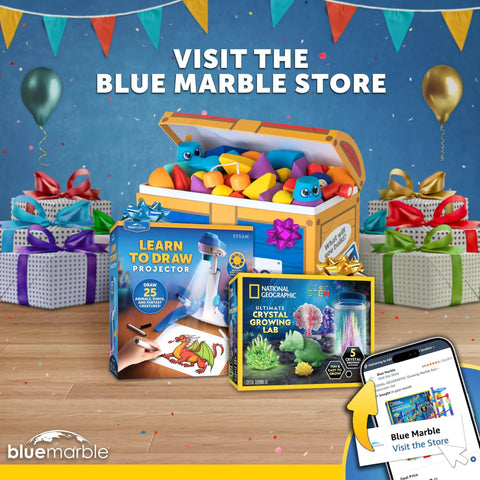 Blue Marble store promo with STEM kits; Solar System Stained Glass Suncatcher Craft Kit For Kids With Acrylic Sun And Planets, Glow In The Dark And Metallic Paints, Suction Cups And Hanging Supplies For Window Art Or Mobile, Build Your Own Outer Space Decor.