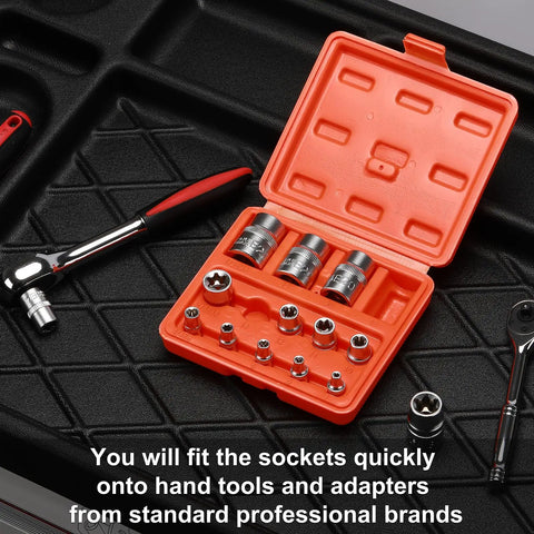 Heavy Duty Female E Torx Socket Set E4 To E24 With One Quarter Three Eighths And One Half Inch Drives in orange case on black surface