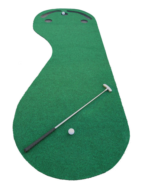 Grassroots Par Three Putting Green 9 Feet By 3 Feet With Kidney Shaped Surface PET Resin Made In USA with putter and ball