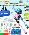 Kids Fishing Pole Starter Kit With Tackle Box Reel Practice Plug Beginner Guide And Travel Bag 2 Pack In Blue And Light Pink 1.5M 4.92Ft For Boys And Girls, showing rods, tackle box, and travel bag.