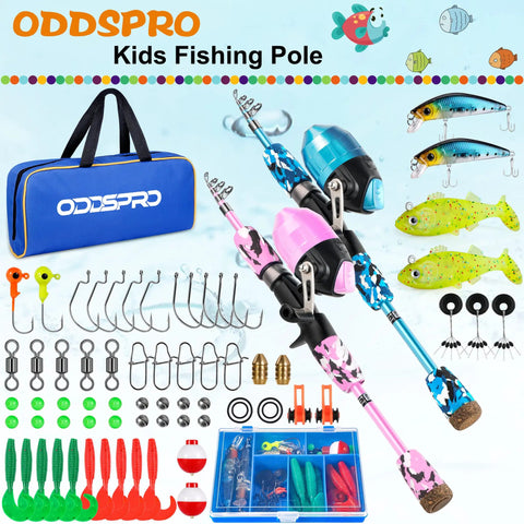 Kids Fishing Pole Starter Kit With Tackle Box Reel Practice Plug Beginner Guide And Travel Bag 2 Pack In Blue And Light Pink 1.5M 4.92Ft For Boys And Girls, showing rods, tackle box, and travel bag.