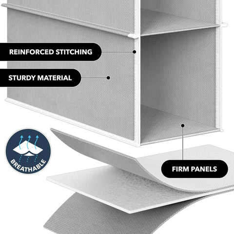 Close-up of Ten-Tier Hanging Shoes Organizer for Closet in Grey showing reinforced stitching and firm panels.