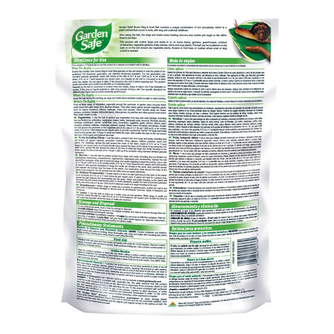 Back view of Garden Safe package for Slug And Snail Bait Granules For Lawns Gardens And Greenhouses 2 Pound Pack Kills Slugs And Snails