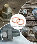 Real Deal Copper Flat Washers M22 25 Piece Set showcasing installation on bolts and nuts for various applications.