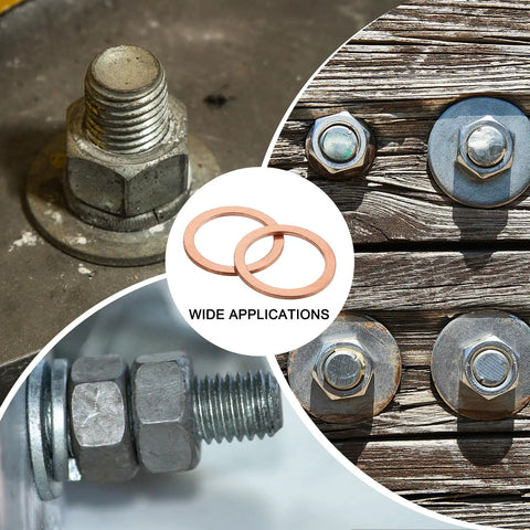 Real Deal Copper Flat Washers M22 25 Piece Set showcasing installation on bolts and nuts for various applications.